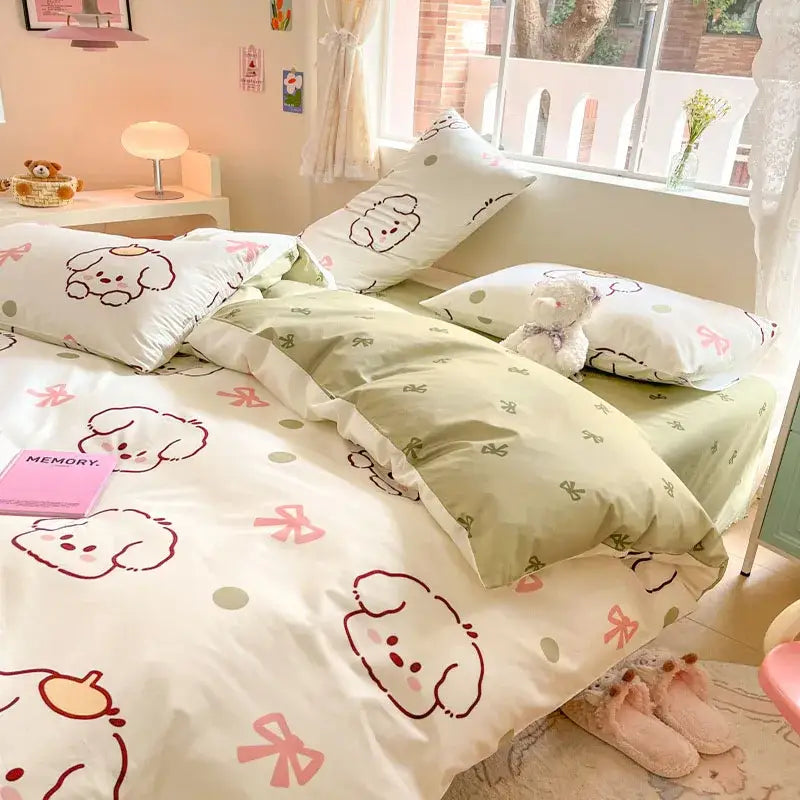Cute pastel bear cotton bedding set bedroom floral print