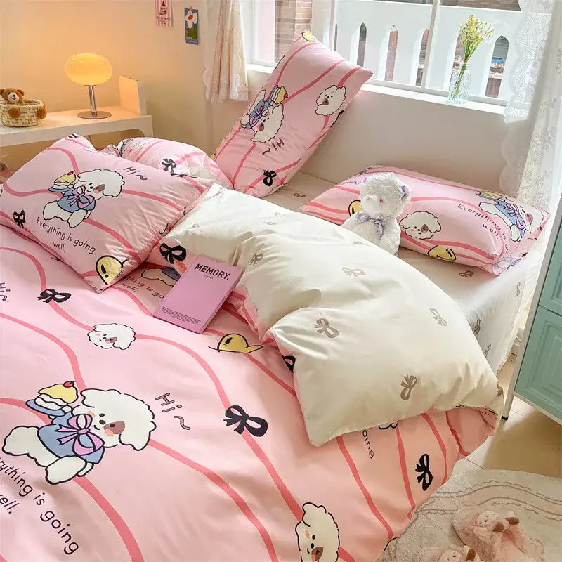 Cute pastel bear cotton bedding set bedroom floral print