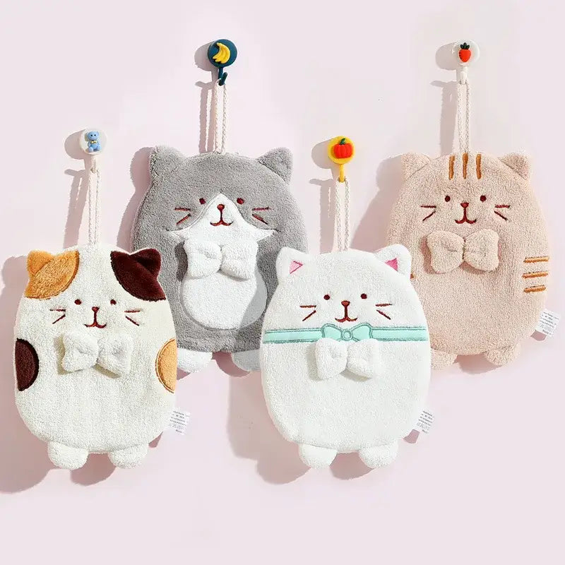 Cute patchwork & white cat hand towel – bathroom plush sponge