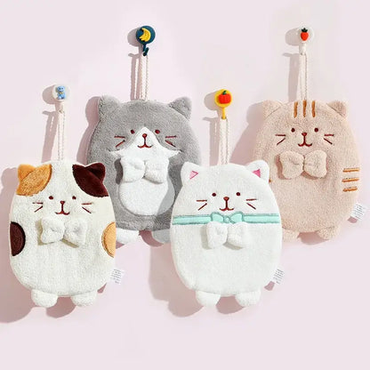 Cute patchwork & white cat hand towel – bathroom plush sponge