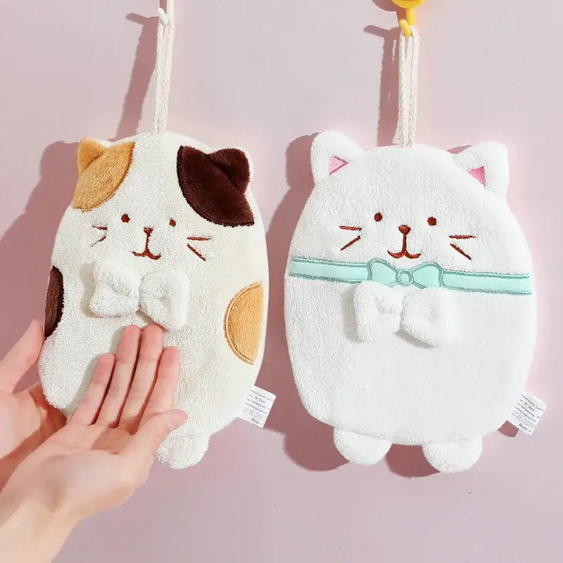 Cute patchwork & white cat hand towel – bathroom plush sponge