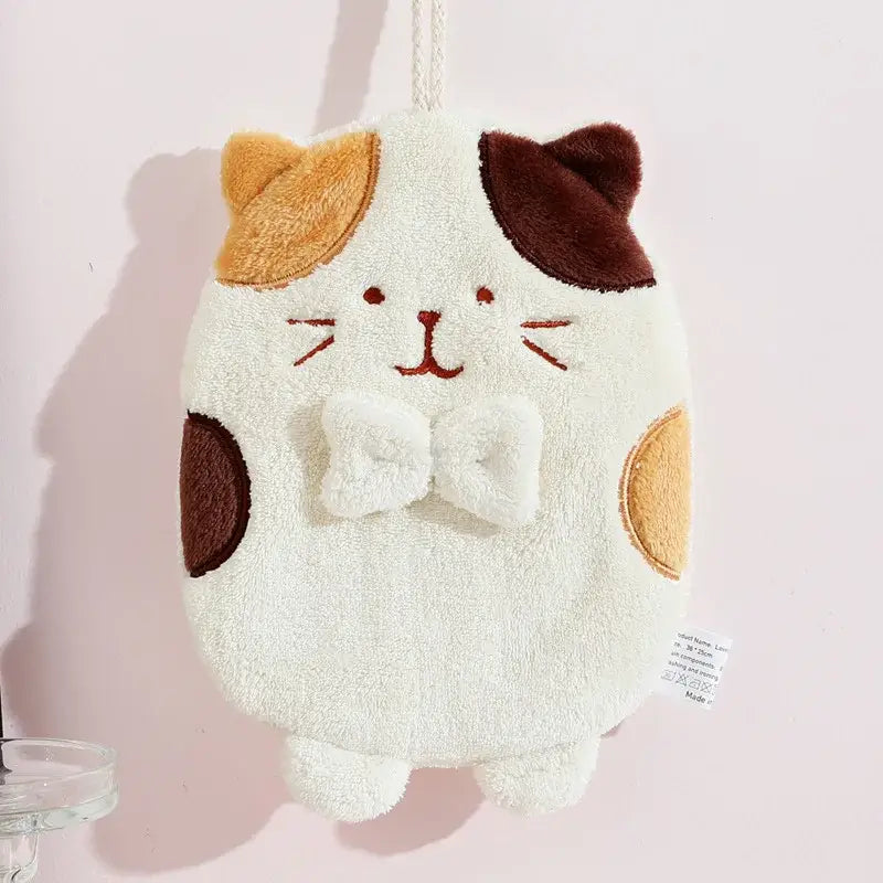 Cute patchwork & white cat hand towel – bathroom plush sponge