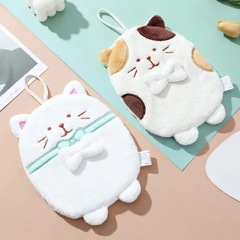 Cute patchwork & white cat hand towel – bathroom plush sponge