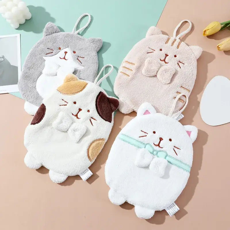 Cute patchwork & white cat hand towel – bathroom plush sponge