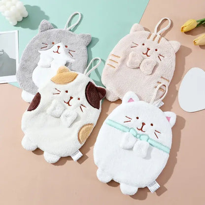Cute patchwork & white cat hand towel – bathroom plush sponge