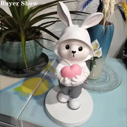 Cute pink rabbit desk figurines bedroom home decor bunny with heart