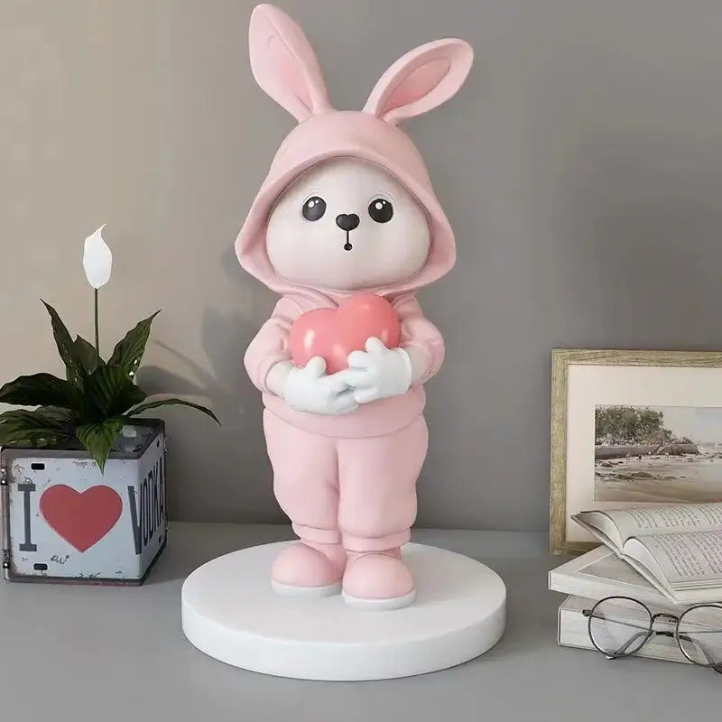 Cute pink rabbit desk figurines bedroom home decor bunny with heart