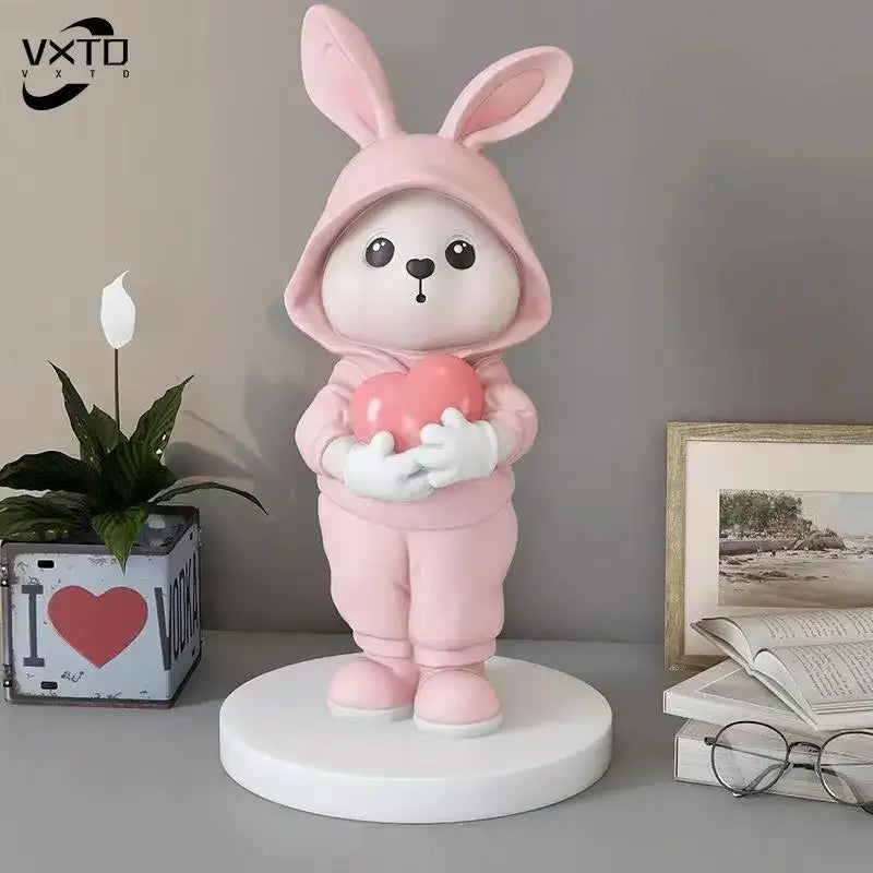 Cute pink rabbit desk figurines bedroom home decor bunny with heart