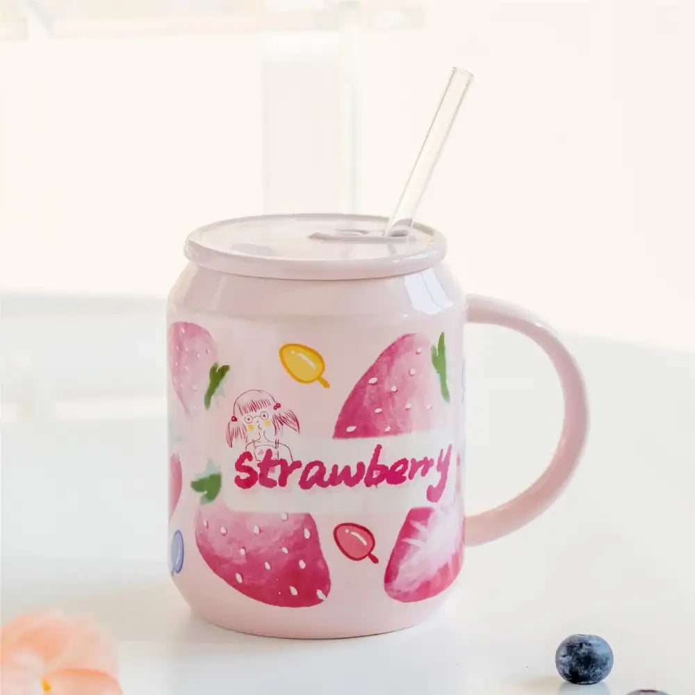 Cute pink strawberry fruit shape ceramic mug kitchen cup with lid