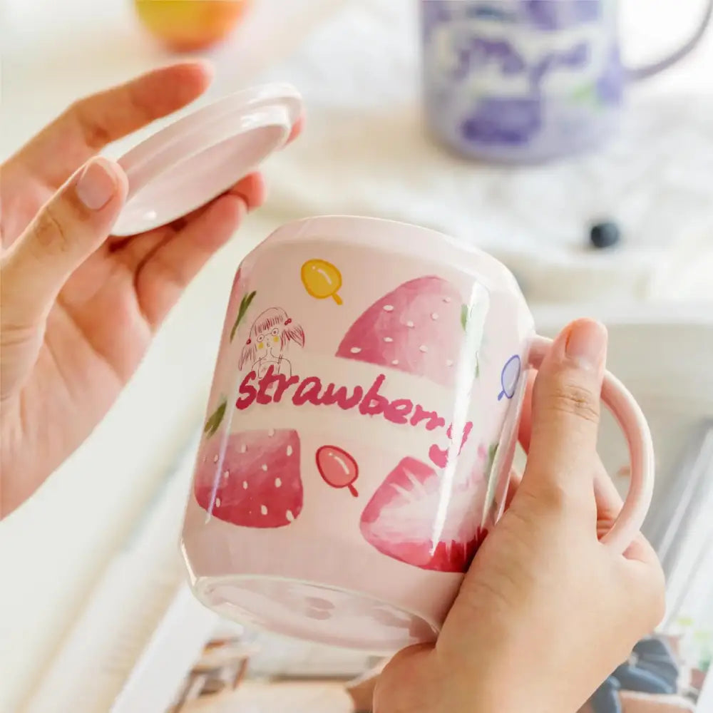 Cute pink strawberry fruit shape ceramic mug kitchen cup with lid