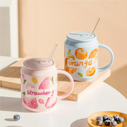Cute pink strawberry fruit shape ceramic mug kitchen cup with lid