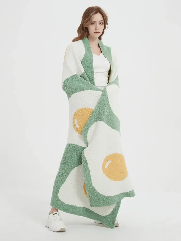 Cute poached egg blanket green knitted throw bedroom decor