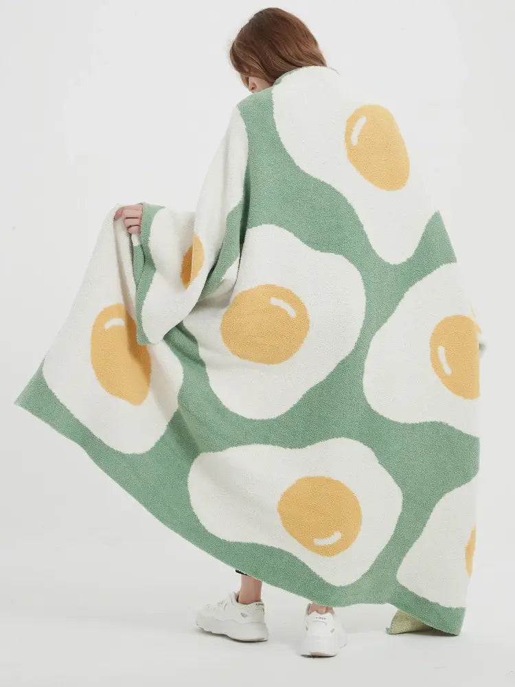 Cute poached egg blanket green knitted throw bedroom decor
