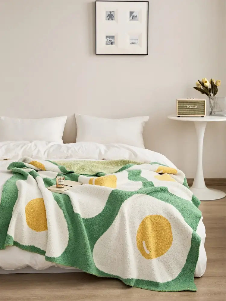 Cute poached egg blanket green knitted throw bedroom decor
