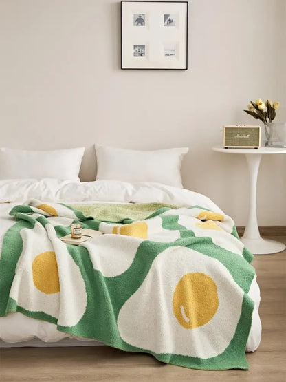 Cute poached egg blanket green knitted throw bedroom decor