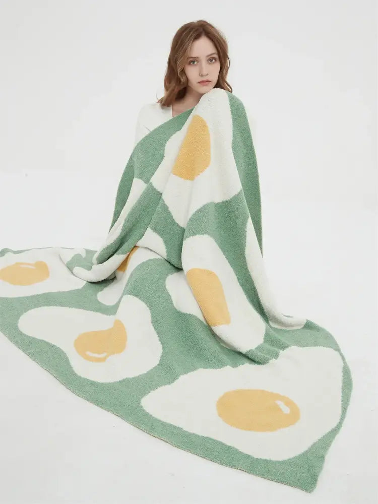 Cute poached egg blanket green knitted throw bedroom decor