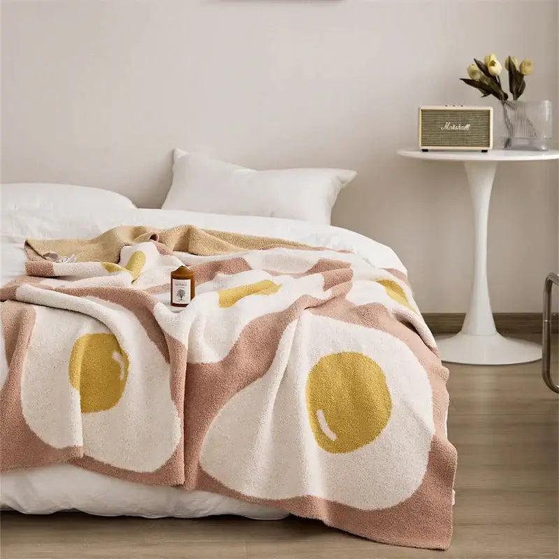 Cute poached egg blanket green knitted throw bedroom decor