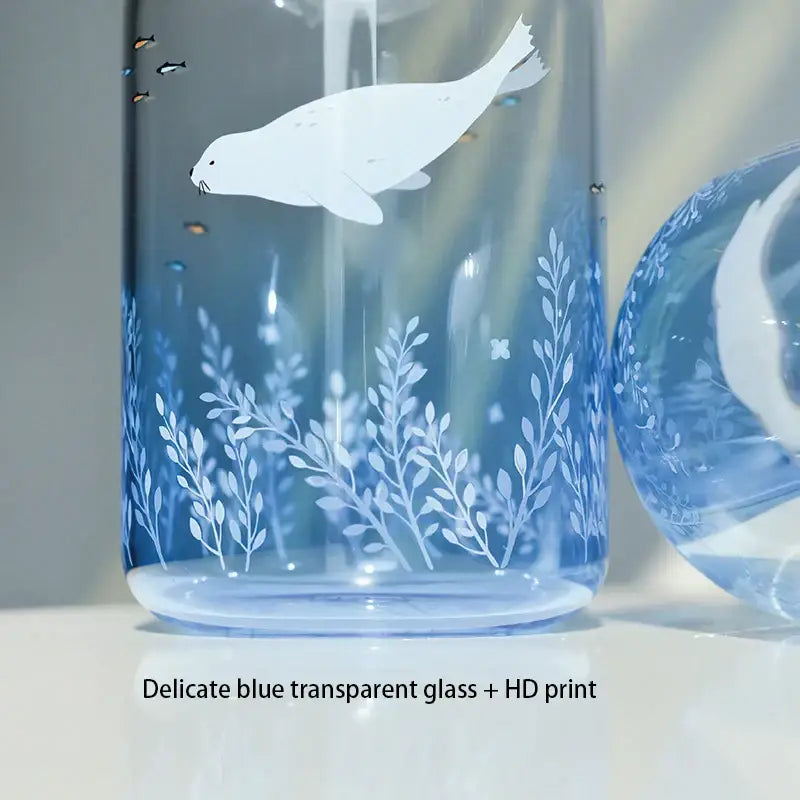 Cute polar bear and seal blue glass water bottle kitchen drinkware