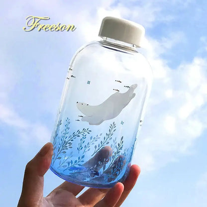Cute polar bear and seal blue glass water bottle kitchen drinkware