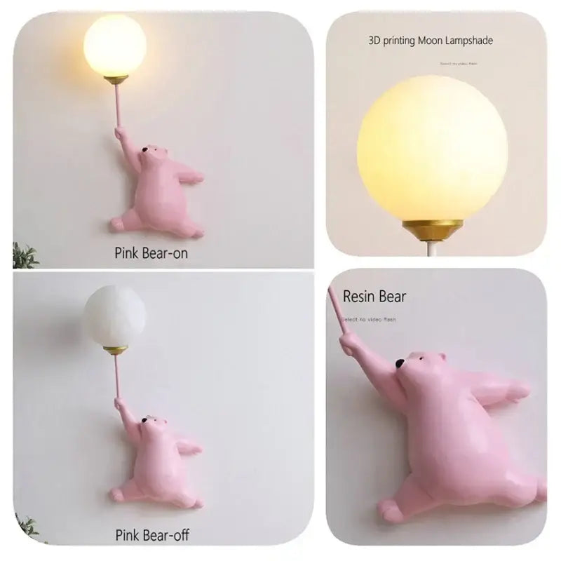 Cute polar bear wall lamp bedroom light in white blue & pink