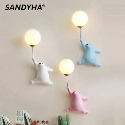 Cute polar bear wall lamp bedroom light in white blue & pink