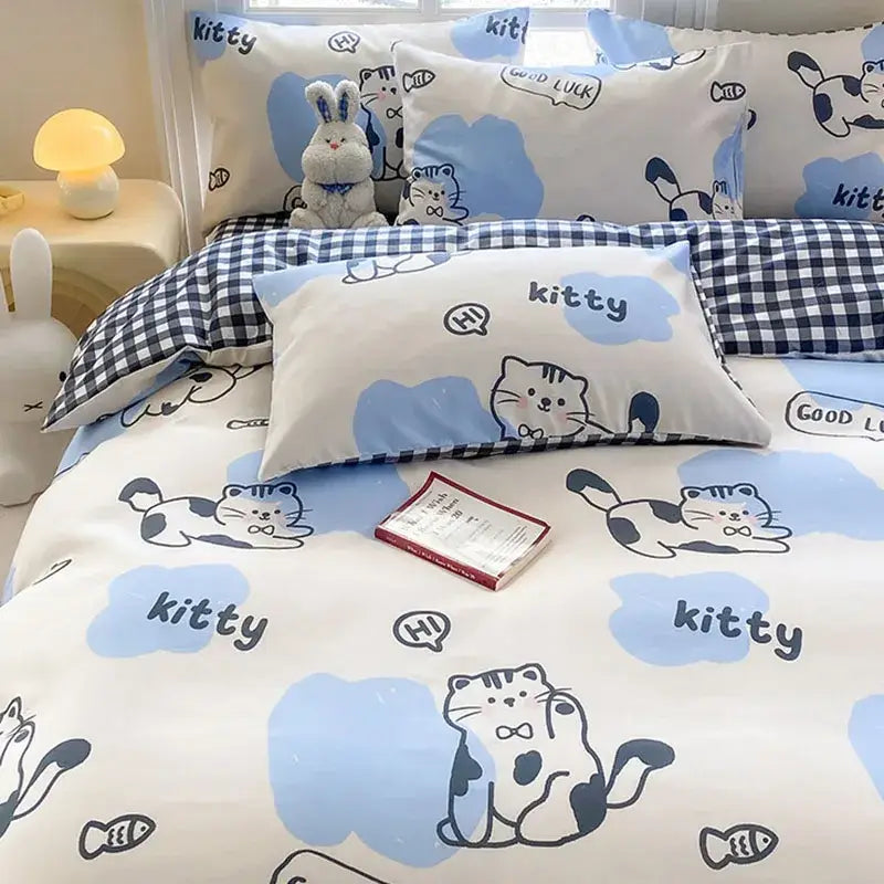 Cute printed cotton duvet cover cream & navy bedroom bedding set