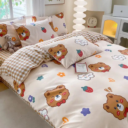 Cute printed cotton duvet cover cream & navy bedroom bedding set