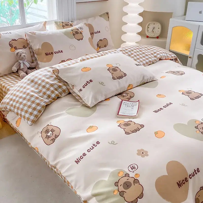 Cute printed cotton duvet cover cream & navy bedroom bedding set