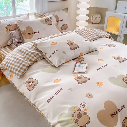 Cute printed cotton duvet cover cream & navy bedroom bedding set