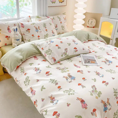 Cute printed cotton duvet cover cream & navy bedroom bedding set
