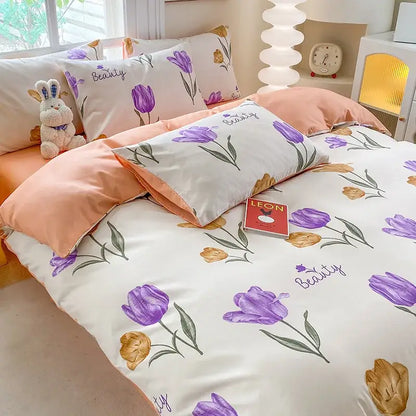 Cute printed cotton duvet cover cream & navy bedroom bedding set