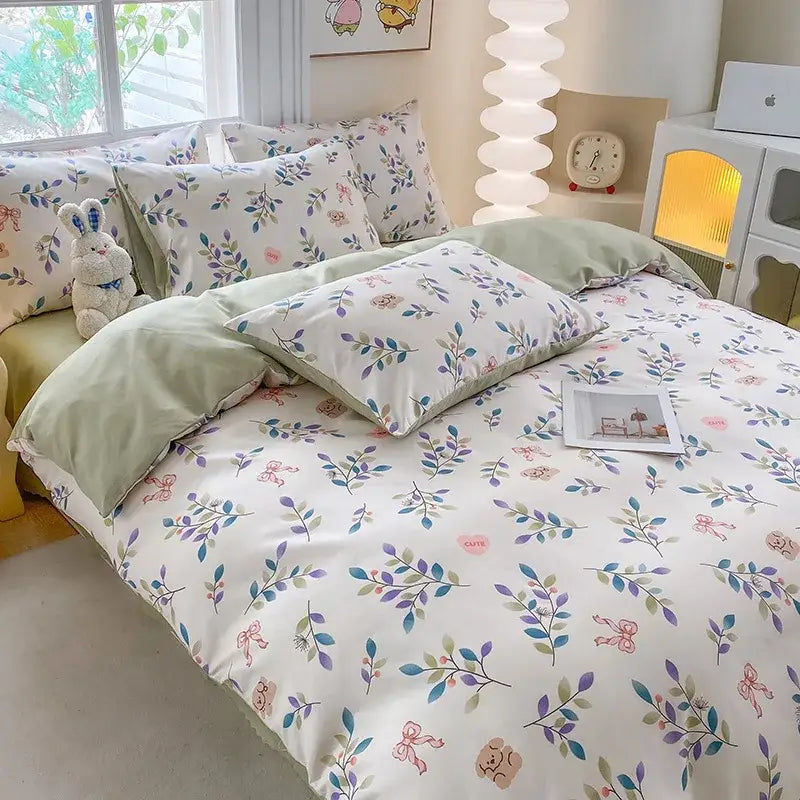 Cute printed cotton duvet cover cream & navy bedroom bedding set