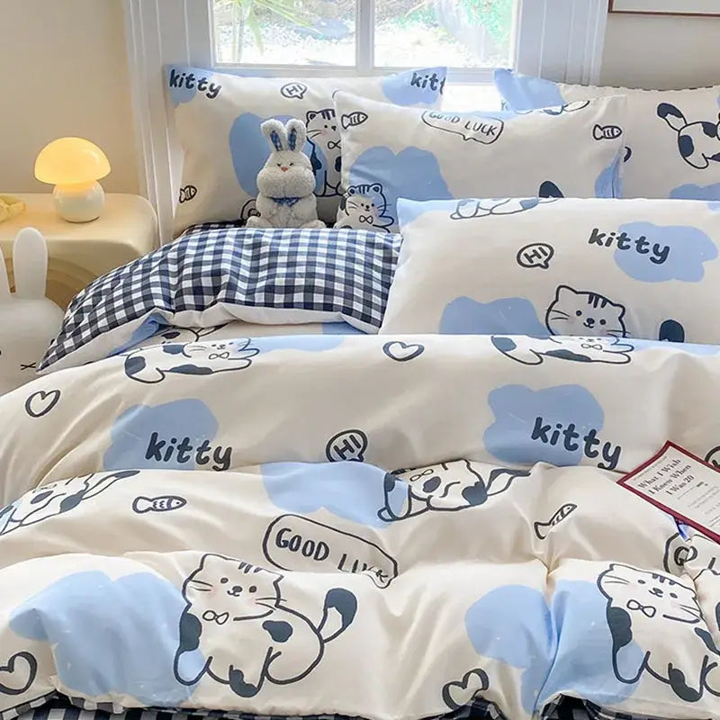 Cute printed cotton duvet cover cream & navy bedroom bedding set