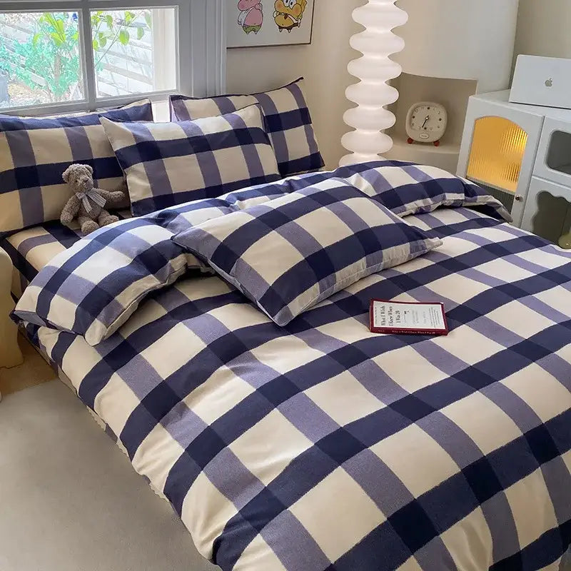 Cute printed cotton duvet cover cream & navy bedroom bedding set