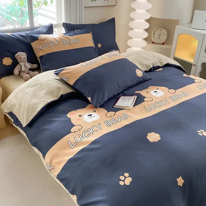 Cute printed cotton duvet cover cream & navy bedroom bedding set