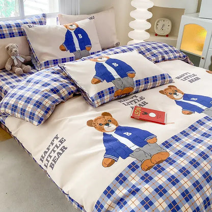 Cute printed cotton duvet cover cream & navy bedroom bedding set