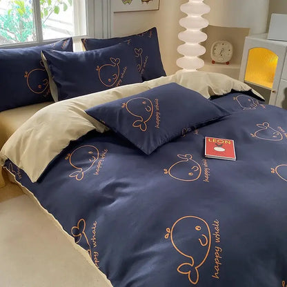 Cute printed cotton duvet cover cream & navy bedroom bedding set