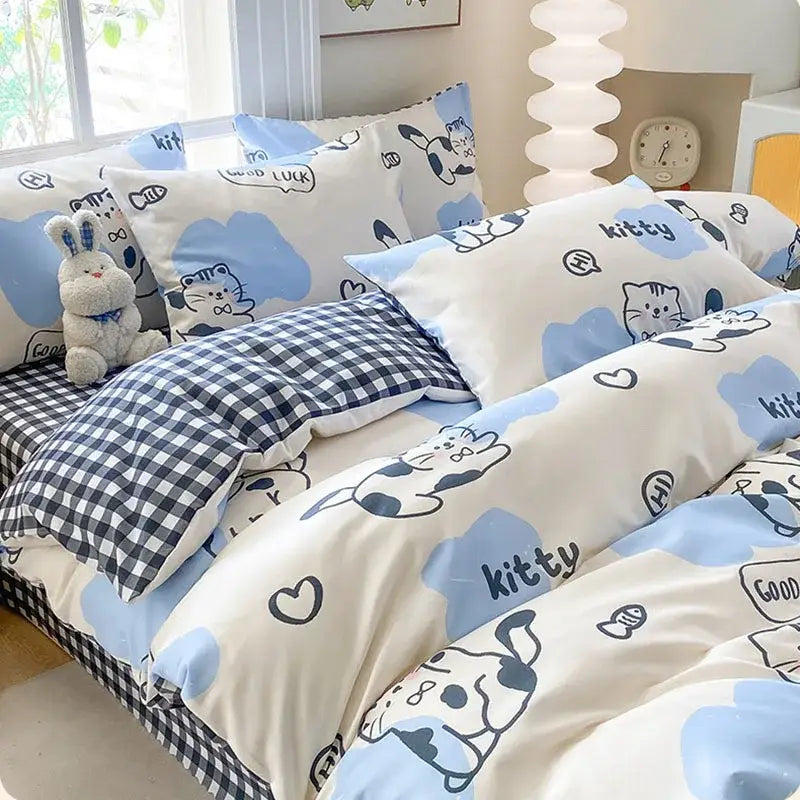 Cute printed cotton duvet cover cream & navy bedroom bedding set