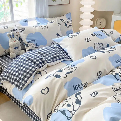 Cute printed cotton duvet cover cream & navy bedroom bedding set