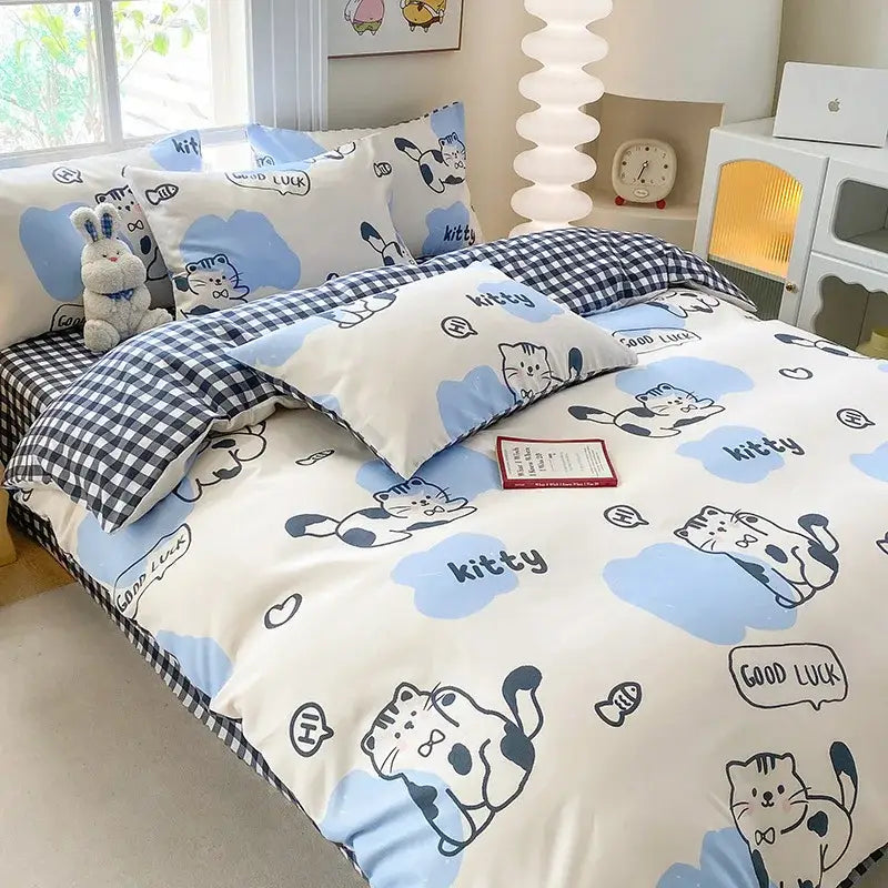 Cute printed cotton duvet cover cream & navy bedroom bedding set