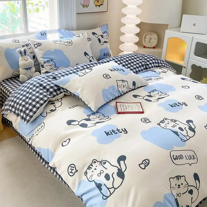 Cute printed cotton duvet cover cream & navy bedroom bedding set