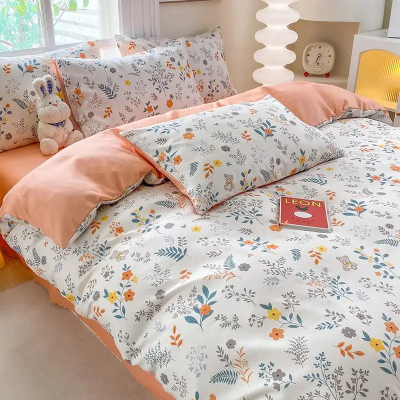 Cute printed cotton duvet cover cream & navy bedroom bedding set