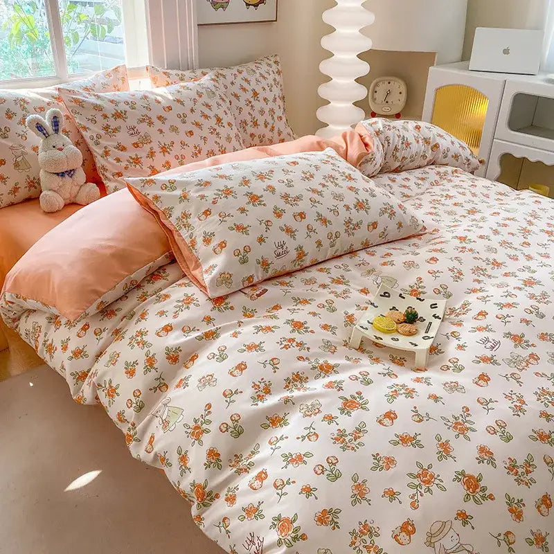Cute printed cotton duvet cover cream & navy bedroom bedding set