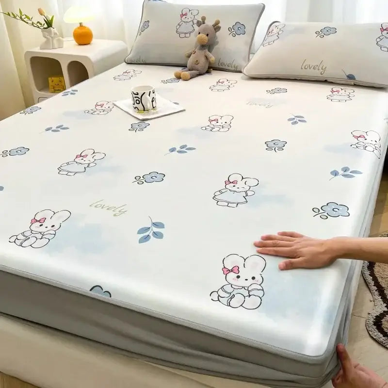 Cute rabbit floral white mattress set bedroom cooling ice silk