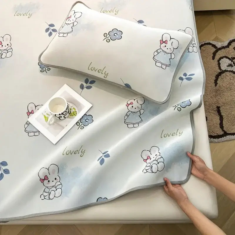 Cute rabbit floral white mattress set bedroom cooling ice silk