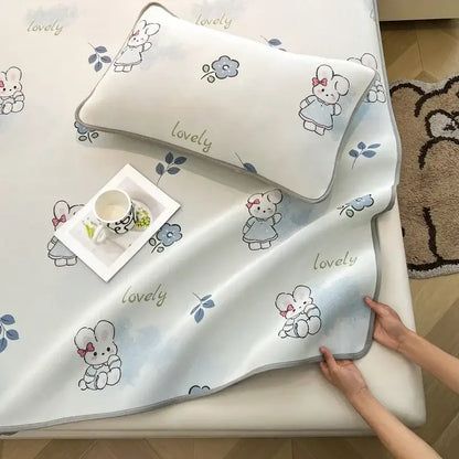 Cute rabbit floral white mattress set bedroom cooling ice silk