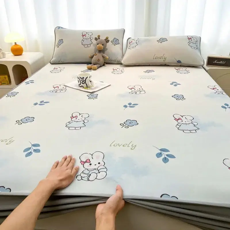 Cute rabbit floral white mattress set bedroom cooling ice silk