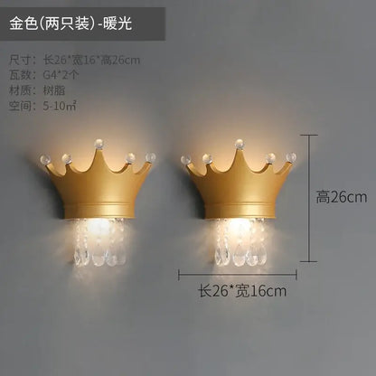 Cute resin crystal pink crown wall sconce bedroom light