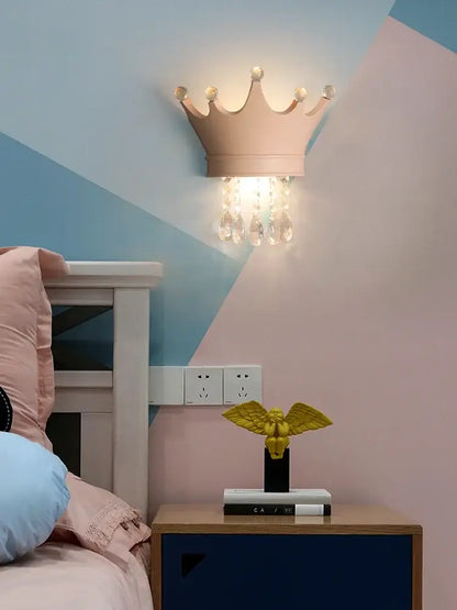 Cute resin crystal pink crown wall sconce bedroom light