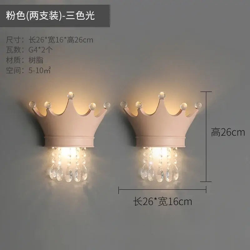 Cute resin crystal pink crown wall sconce bedroom light
